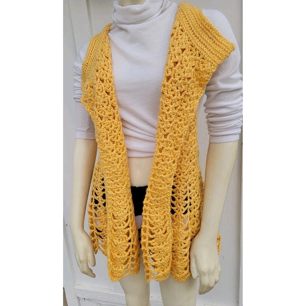Handmade Boho Crochet Duster Vest Midi Mustard Yellow Afghan‎ Womens OS Hippie